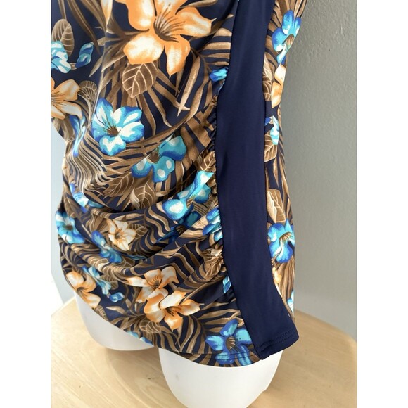 Lands End Swim Top Size 12 Blue Brown Floral Blouson Tummy Hiding Ruched Tankini - Picture 2 of 11